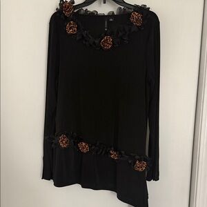 new directions Black Long-Sleeve Top with Brown Floral Trim